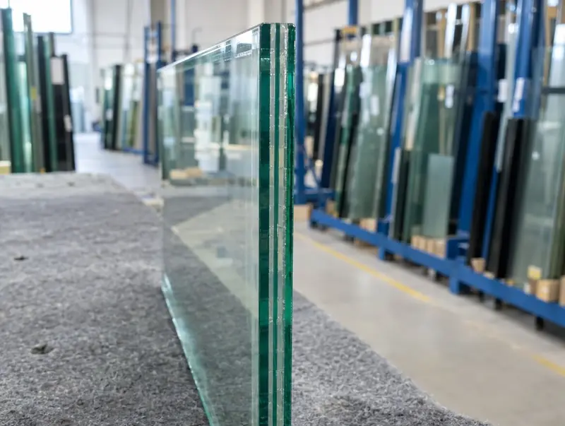 Edge of a thick laminated security glass sheet showing its glass and interlayer layers in a glass workshop