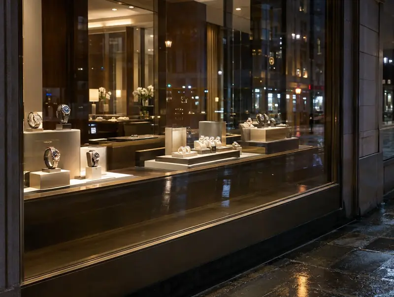 Jewellery shop window at night with thick clear glass and lit watch displays