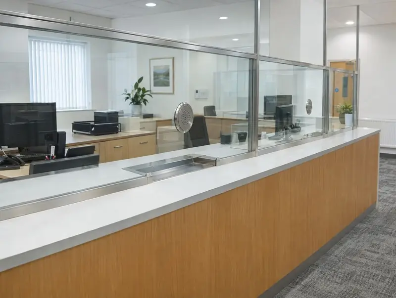 Building society counter with a tall glass security screen, speech panel and transaction tray