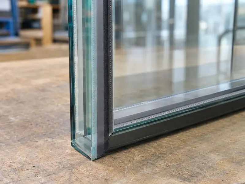 Corner of a sealed double-glazed unit with a laminated inner pane and a warm-edge spacer