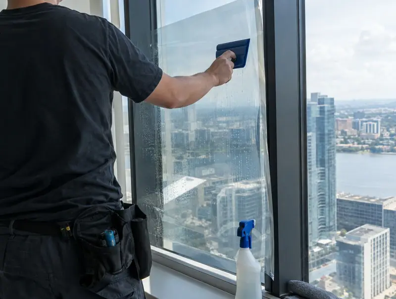 Installer smoothing clear security film onto the inside of an office window with a squeegee