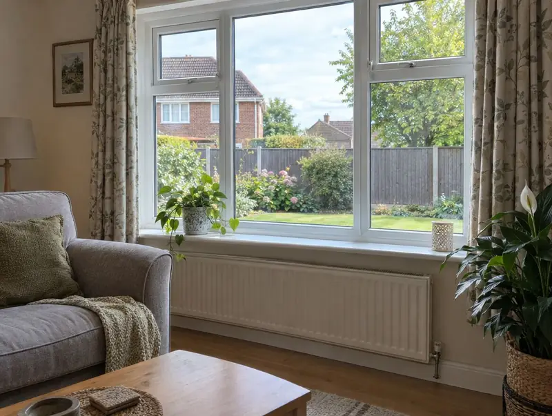 Living room with a white uPVC casement window looking onto a garden