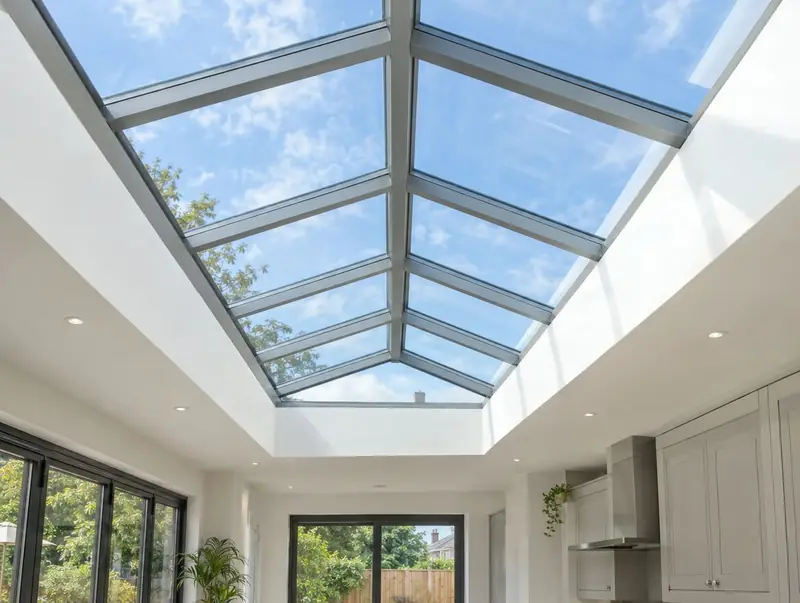 Glazed roof lantern over a kitchen extension seen from below
