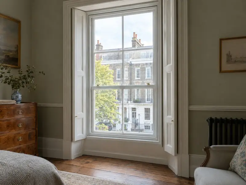 Tall white timber sash window with folding shutters in a period townhouse room