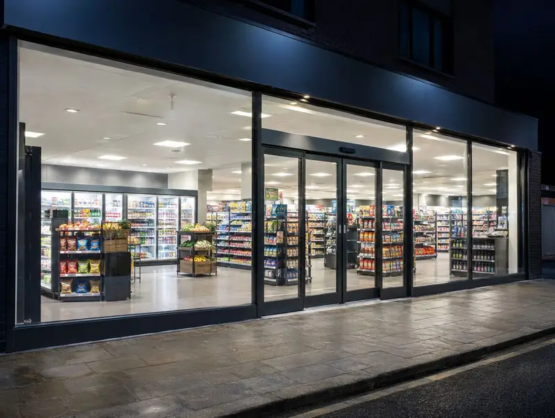 Convenience store front at night with large glass panes and a glazed sliding door
