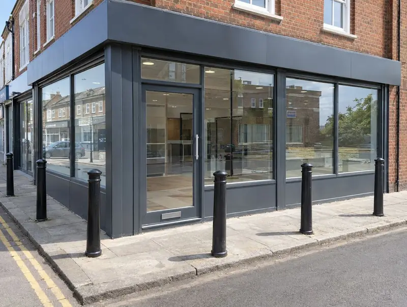 Corner shop with black steel bollards in front of a glazed shopfront