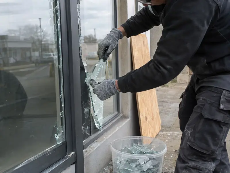 Glazier in cut-resistant gloves removing broken glass from a shopfront frame