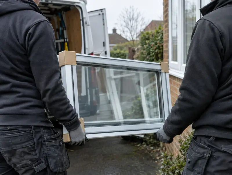 Two glaziers carrying a new double-glazed unit towards a house