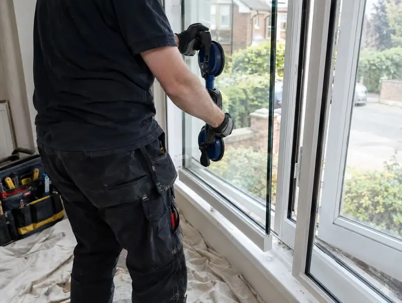 Glazier using a suction lifter to fit a new glass pane into a window frame