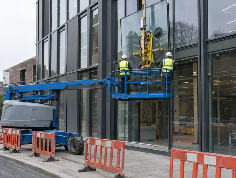 Glaziers on a boom lift replacing a large glass panel on an office building