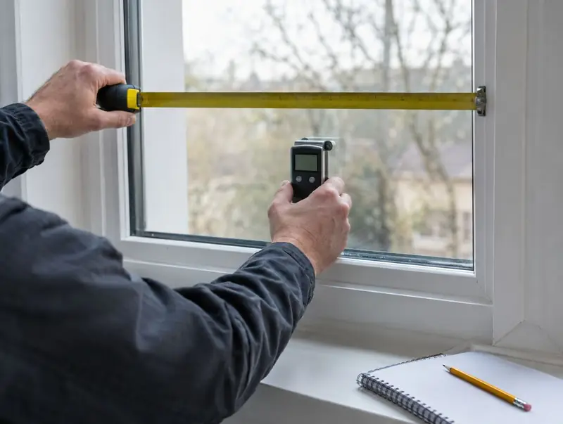Surveyor measuring a window pane with a tape and a glass thickness gauge